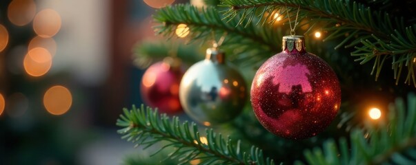 Obraz premium Hanging Glass Ball Ornaments in a Christmas Tree, ornaments, winter, holiday