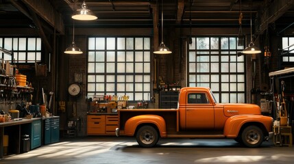 An orange classic truck stands inside of a well equipped garage