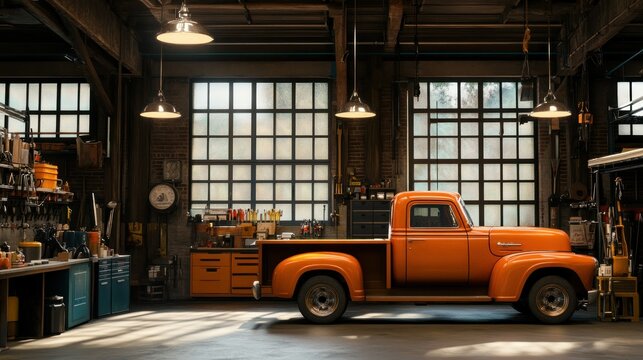 An orange classic truck stands inside of a well equipped garage