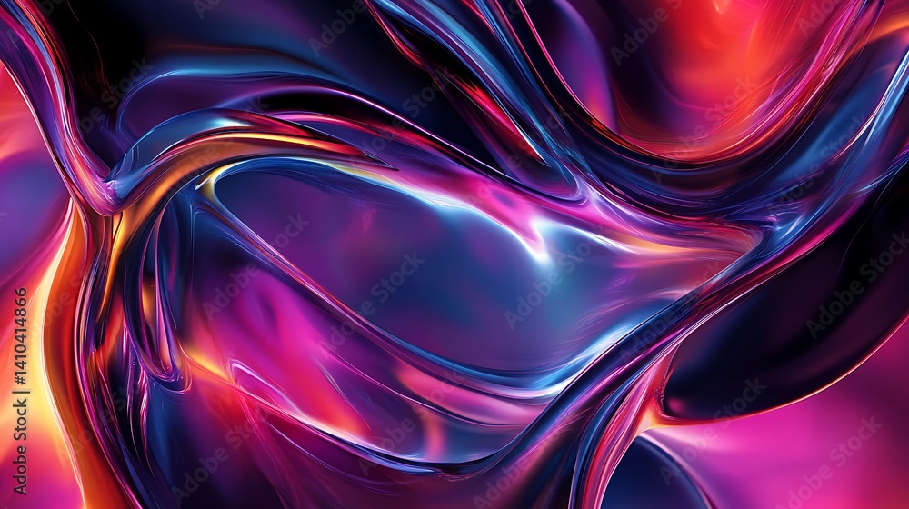 Poster liquid abstraction: a mesmerizing digital art piece, this fluid composition of swirling, iridescent 