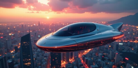 Sleek silver hovercraft hovering above futuristic cityscape at dusk, space, cityscape