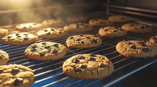 Homemade Cookies Cooling on Metal Wire Rack, Freshly Baked Biscuits in Kitchen