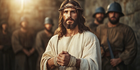 Jesus Christ praying on Good Friday, wearing the crown of thorns. Surrounded by soldiers. Holy Week