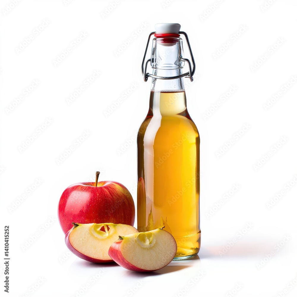 Poster a bottle of apple cider vinegar next to two apples.