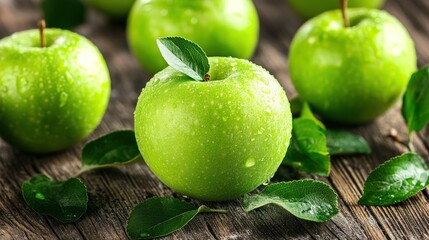Several vibrant green apples with leaves placed on wood