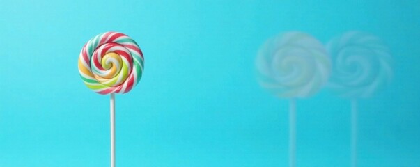A single striped lollipop placed on a bright blue background, sweets, background, blue