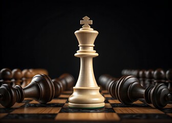 Wooden white and black chess kings face to face on chessboard with pawns in background