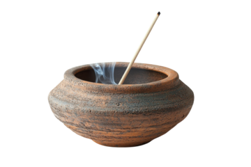 Earthenware incense burner with smoldering stick serene smoky aroma rustic on transparent background