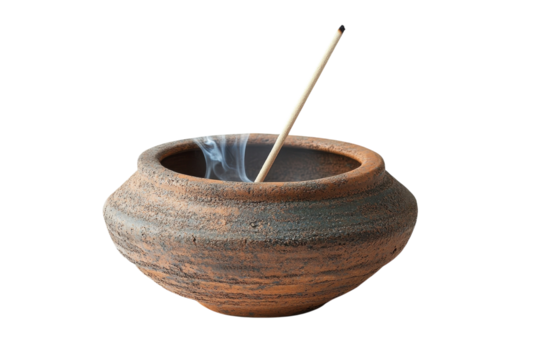 Earthenware incense burner with smoldering stick serene smoky aroma rustic on transparent background