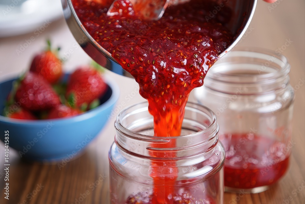 Poster Strawberry jam being poured from a jar into another jar on a table.