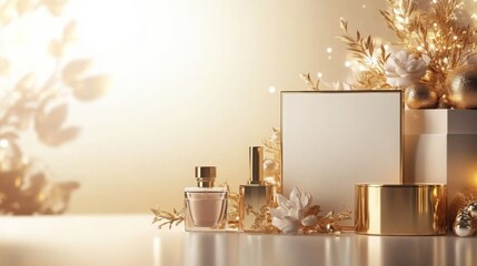 Elegant display of luxurious perfume bottles and decorative elements in a festive setting with golden accents