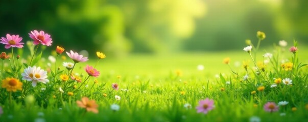 A serene meadow scene with lush green grass and colorful flowers, meadow, peaceful, grass