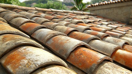 Close-up view of aged terracotta roof tiles