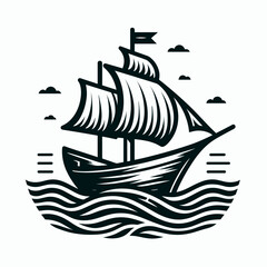 Naklejka premium Stylized black and white ship illustration sailing on waves with clouds and copy space