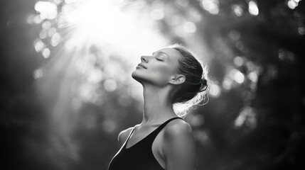 A woman breathes deeply with sunlight shining from above her