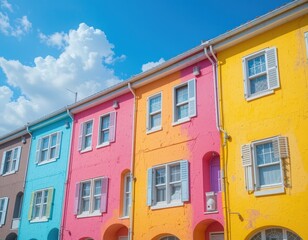 Naklejka premium A vibrant row of charming, brightly colored houses in the UK, featuring pastel shades of pink, blue, and yellow, adorned with flower boxes and lush greenery, creating a picturesque scene.