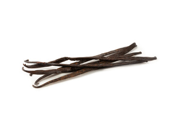 Vanilla pods isolated on white background. Vanilla flowers and seeds. vanilla stick bean. Aromatic spicy spice for pastries and desserts. Seasoning. Space for text. Copy Space