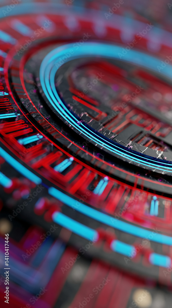 Poster abstract image of concentric red and blue circles, creating a technological or futuristic design, sh