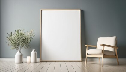 Empty Vertical thin modern frame mockup close up in minimalistic interior