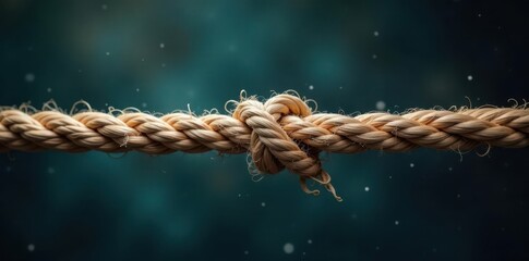 Taut rope stretched to its limits with visible signs of fraying, worn, rope