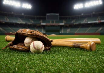 Close-up of a baseball glove and ball resting on the green field in stadium lights