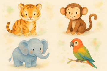 Cute Watercolor Animals Illustration for Kids