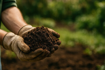 Handful of Earth: A close-up view shows a pair of weathered hands, clad in gardening gloves, cradling a rich, dark clump of fertile soil.