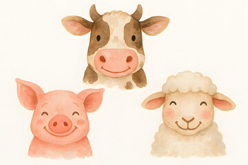 Obraz premium Cute Watercolor Farm Animal Faces Illustration