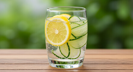 Refreshing Infused Water With Lemon And Cucumber On Wood Surface