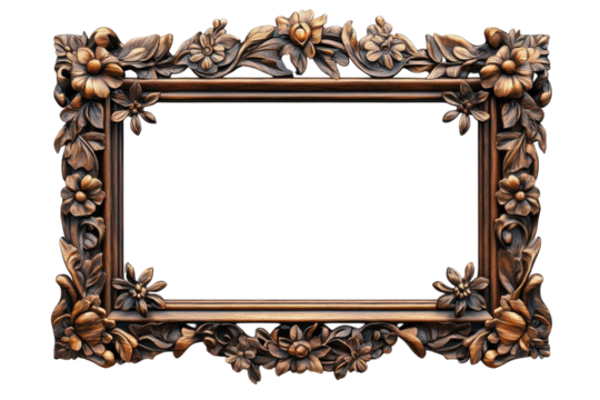 Intricate Carved Wooden Frame with Floral Detail Rich Dark Tones on Black on transparent background