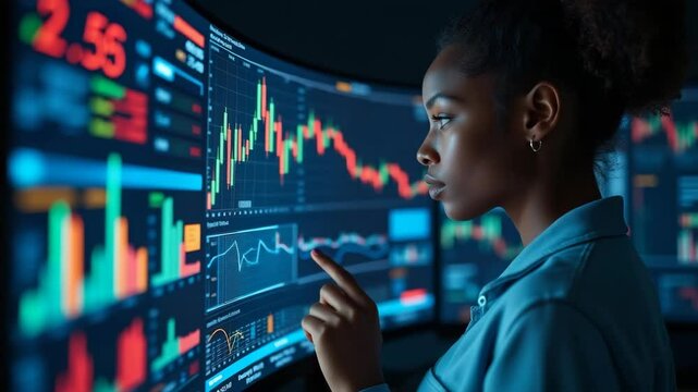 A young Black woman trader analyzing financial charts on a computer.