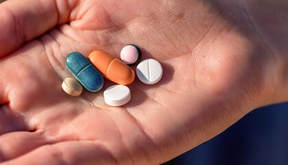 Close-up of a woman&rsquo;s cupped palm holding seven daily pills