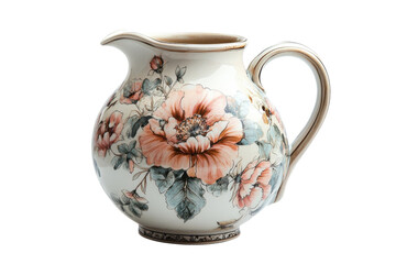 Elegant floral creamer jug vintage porcelain pitcher with peach blossoms on transparent background