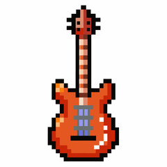 Obraz premium Pixel Art Electric Guitar Icon Retro 8 bit Musical Instrument Illustration