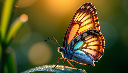Delicate butterfly resting on a plant leaf in soft natural light with wings detailed in vibrant colors