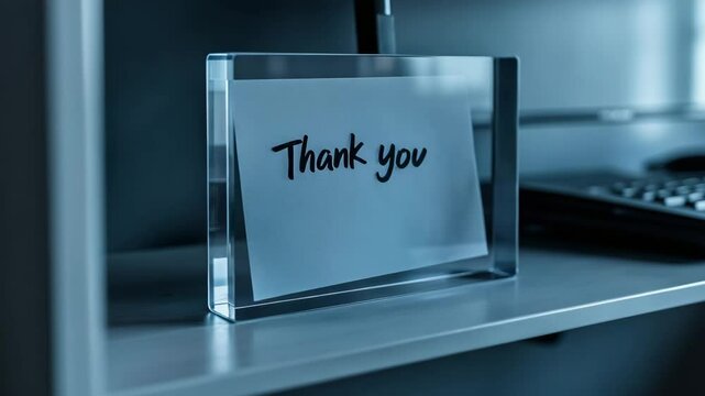 A thank-you note displayed under a semi-transparent acrylic block.