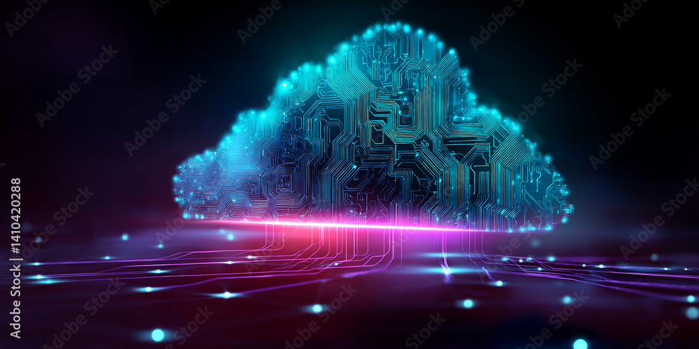 Poster abstract cloud shape formed by glowing circuit board lines, symbolizing digital technology, data sto