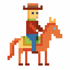 Fototapeta premium Pixel Art Cowboy Riding Horse Retro Video Game Style Western Character