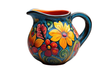 Vibrant hand painted ceramic pitcher teal blue base with yellow red orange on transparent background