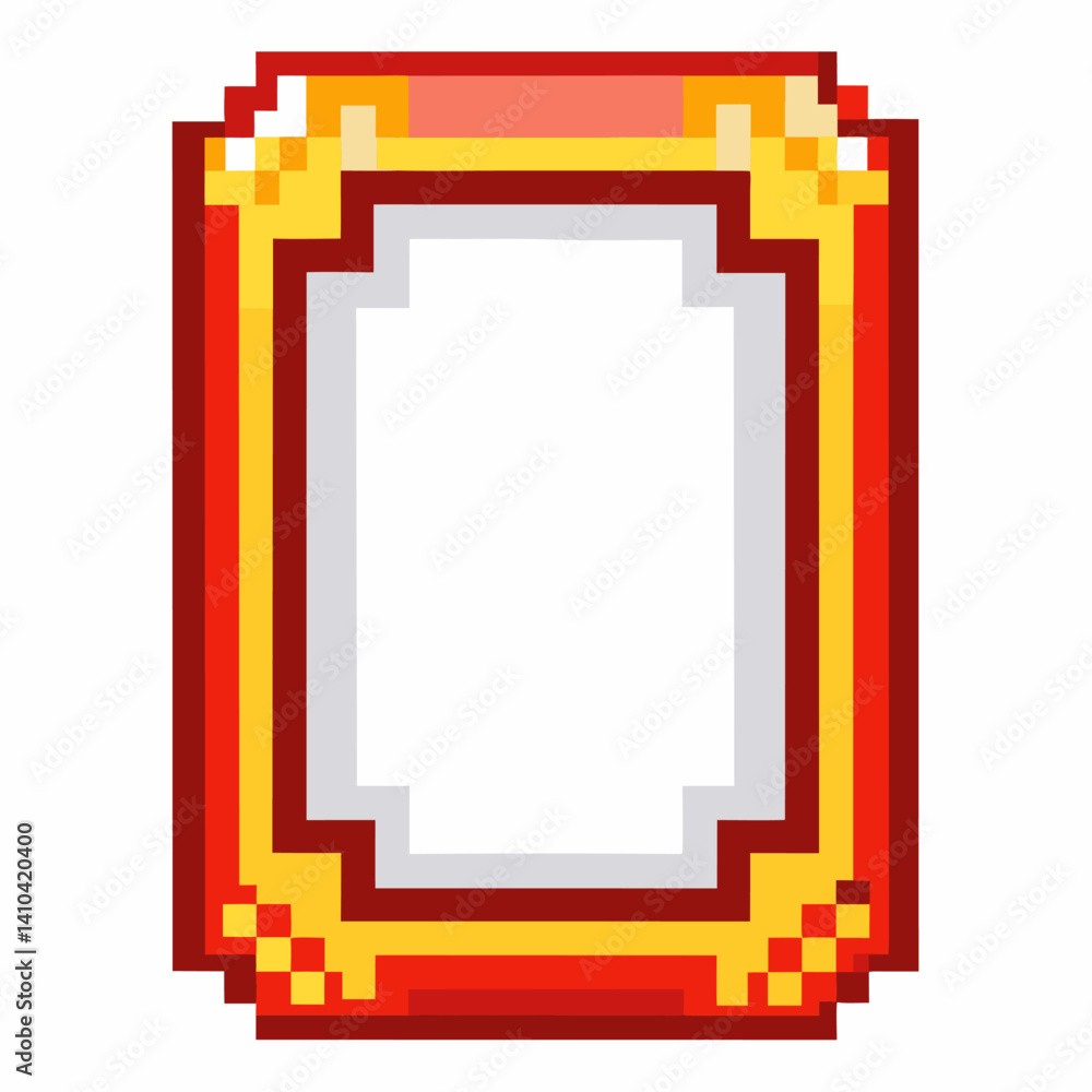 Poster decorative pixel art frame in retro video game style with a red and gold color scheme