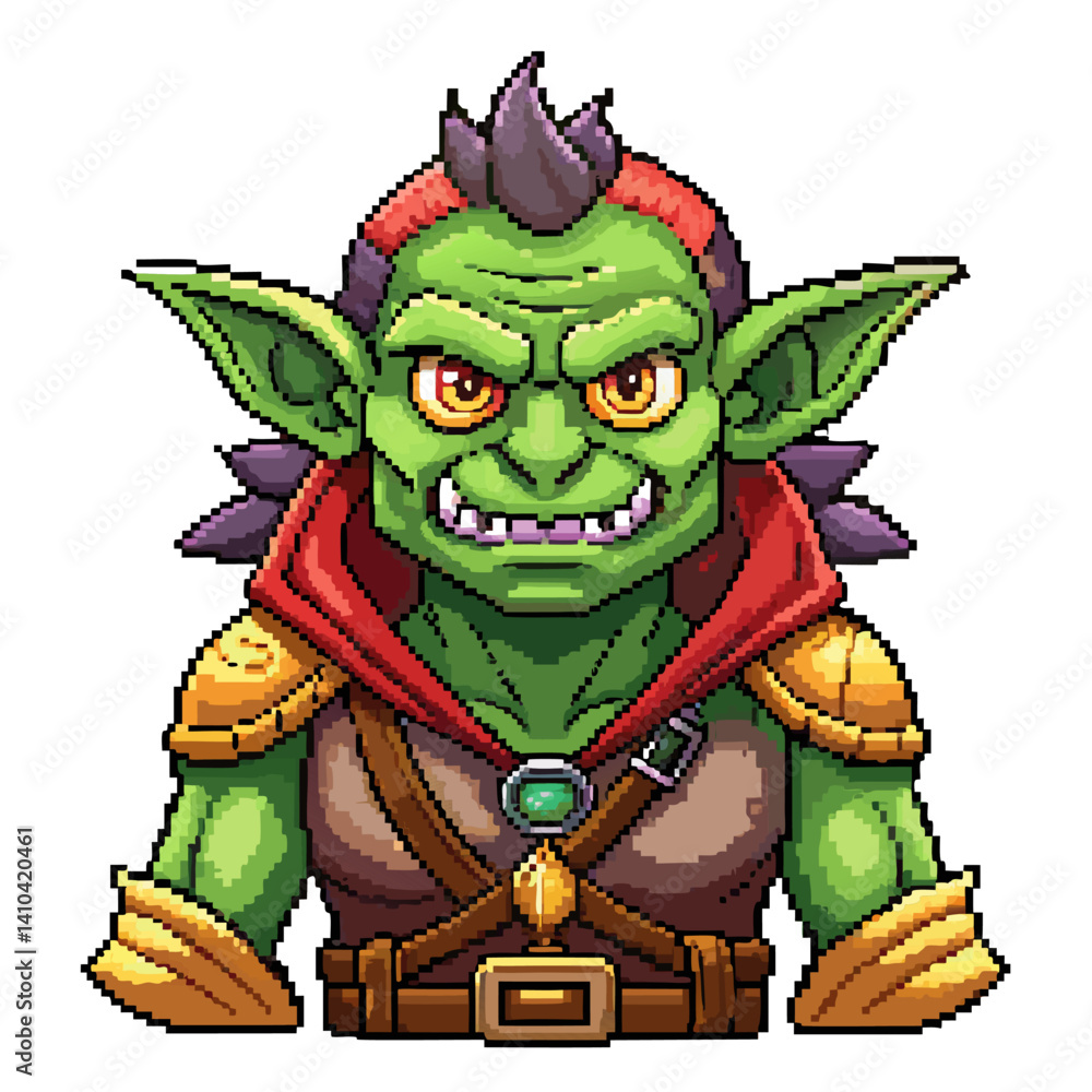 Poster pixel art goblin character with red mohawk and armor fantasy game sprite