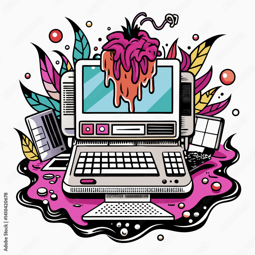 Poster retro computer illustration with melting heart and colorful abstract elements