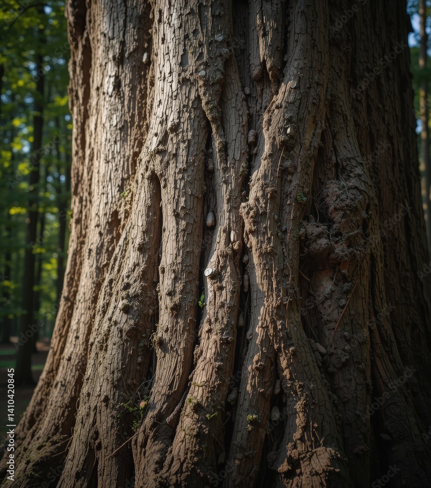 Poster a weathered tree trunk stands tall, its rough bark adorned with numerous irregular holes of varying 