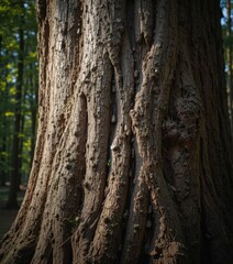 A weathered tree trunk stands tall, its rough bark adorned with numerous irregular holes of varying sizes, hinting at the activity of woodpeckers and insects over time.