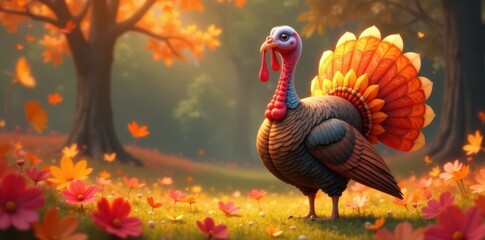 Fototapeta premium cartoon turkey in shades with vibrant orange feathers, turkey, sunglasses