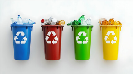 Four Color Coded Recycling Bins On White Background