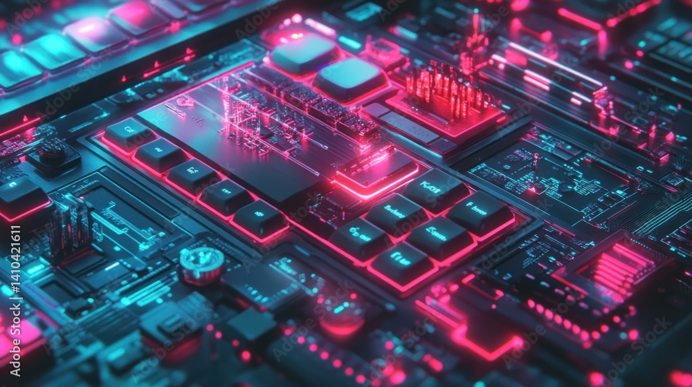 Poster futuristic computer keyboard with circuits illuminated by bright neon lights