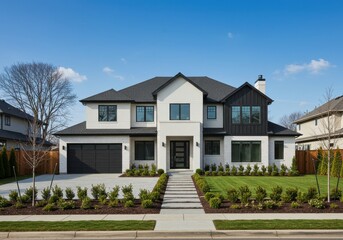 Fototapeta premium Large modern luxury home with manicured lawn and double garage on a sunny day