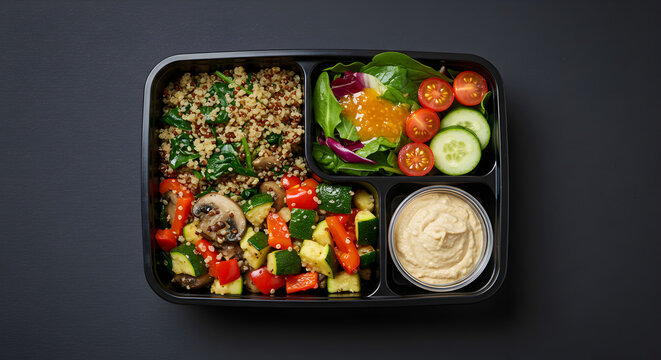 Balanced Nutrition Ready To Eat Meal Prep Container On A Dark Background