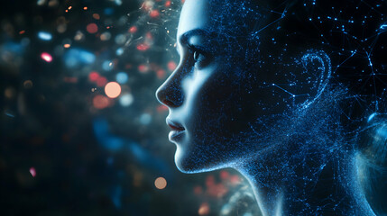 Obraz premium A woman's profile, ethereal and luminous, dissolves into a constellation of glowing particles against a dark, bokeh-filled backdrop.